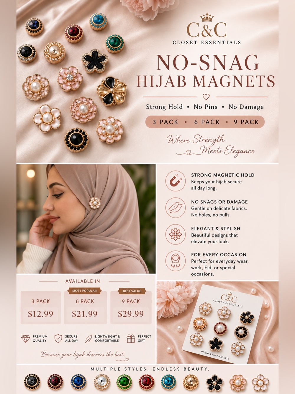 C&C Closet Essentials No-Snag Hijab Magnets - Pearl & Black Floral Set